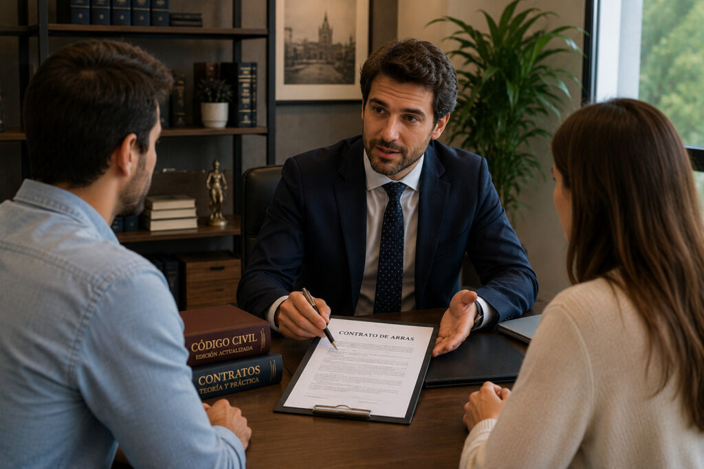 Abogado de contrato de arras explicando a clientes