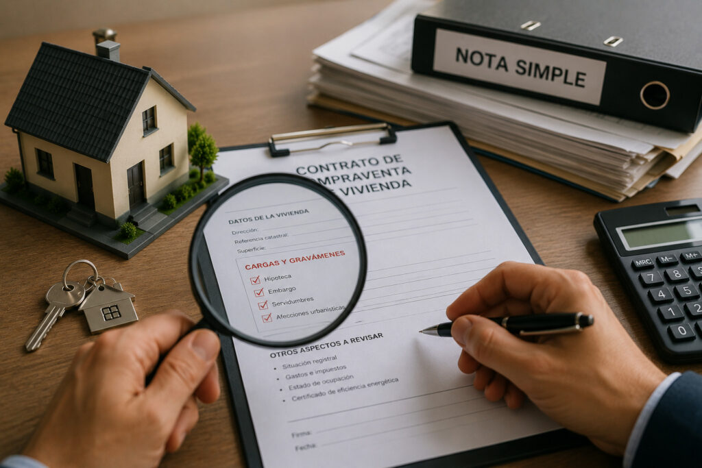 Comprador y abogado revisando las cargas de una vivienda antes de la compraventa