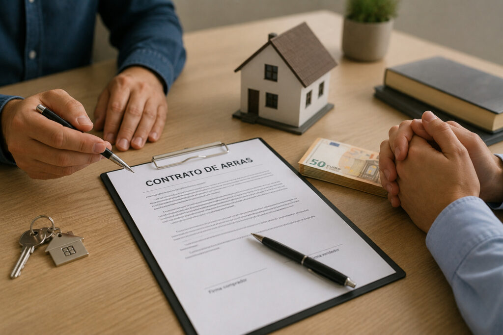 Comprador y vendedor firmando un contrato de arras para una vivienda