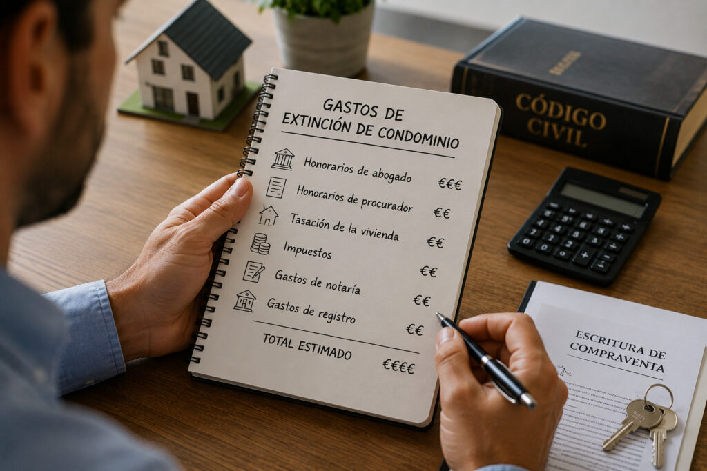 Copropietarios revisando el coste de una extinción de condominio junto a un abogado