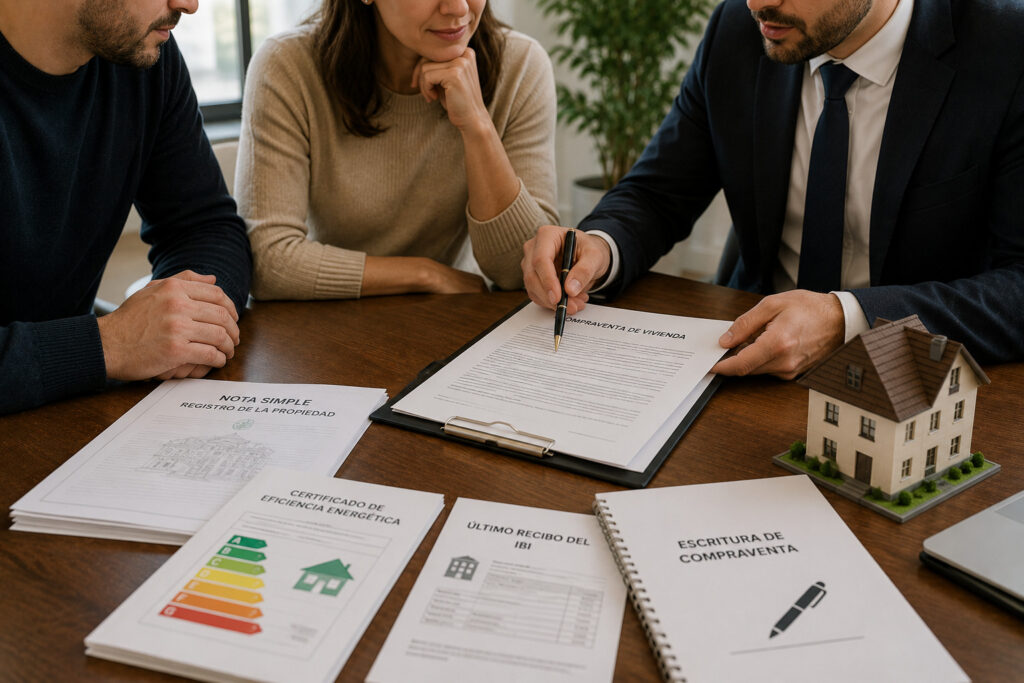 Comprador firmando los documentos necesarios para comprar una vivienda junto a un abogado