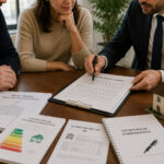 Comprador firmando los documentos necesarios para comprar una vivienda junto a un abogado