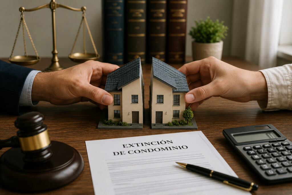 Dos copropietarios firmando la extinción de condominio de una vivienda
