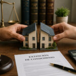 Dos copropietarios firmando la extinción de condominio de una vivienda