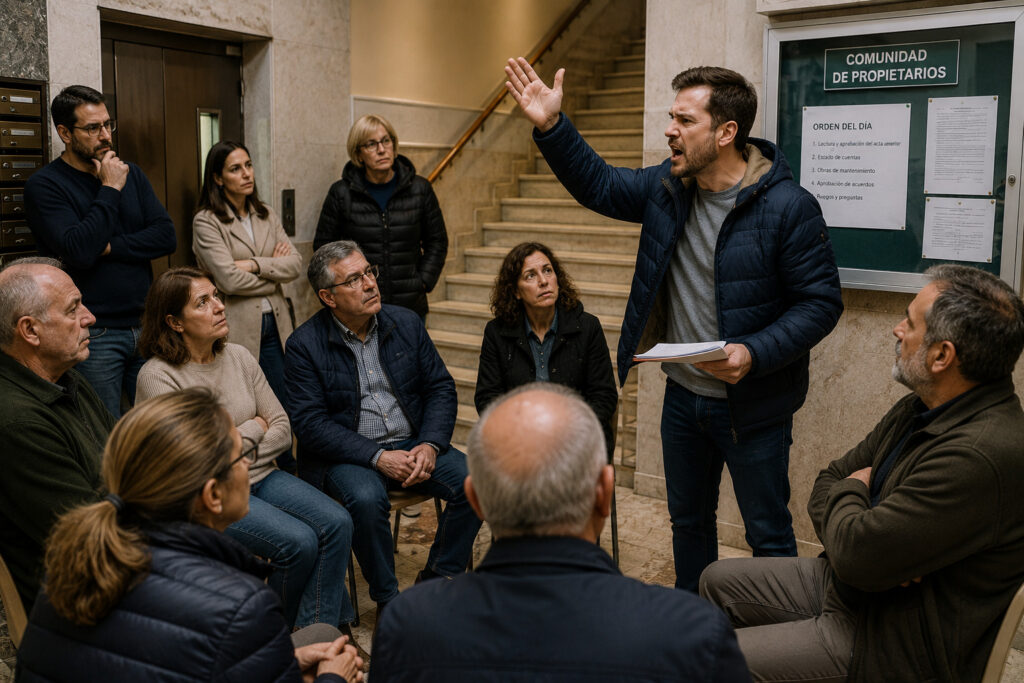 Propietario revisando un acuerdo de la comunidad de propietarios para impugnarlo