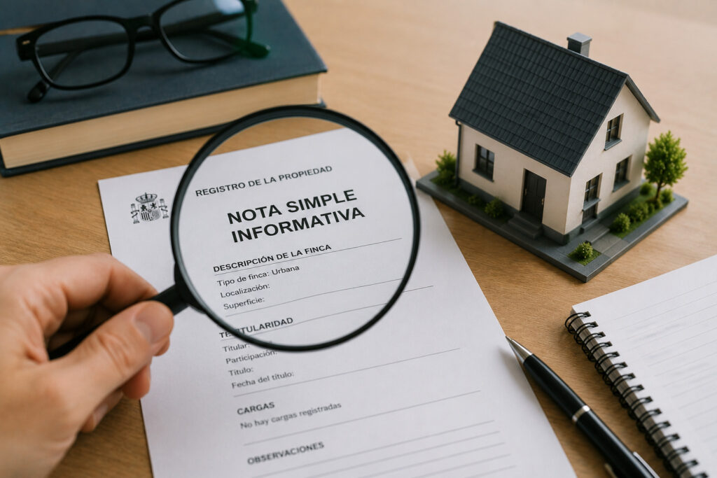 Comprador y abogado revisando una nota simple del Registro de la Propiedad