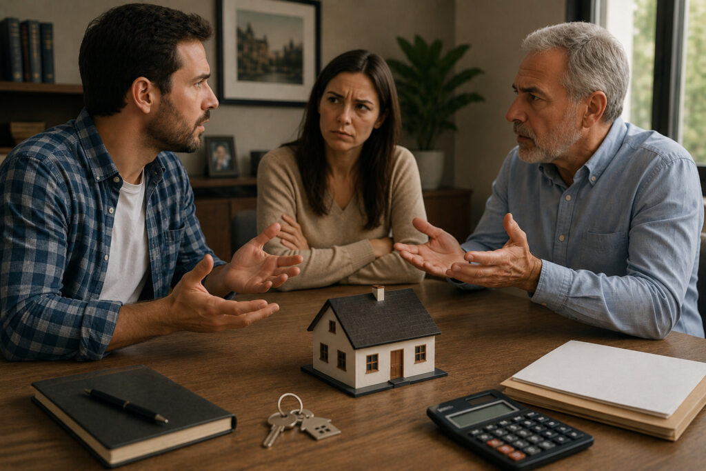 Herederos discutiendo la venta de una vivienda heredada