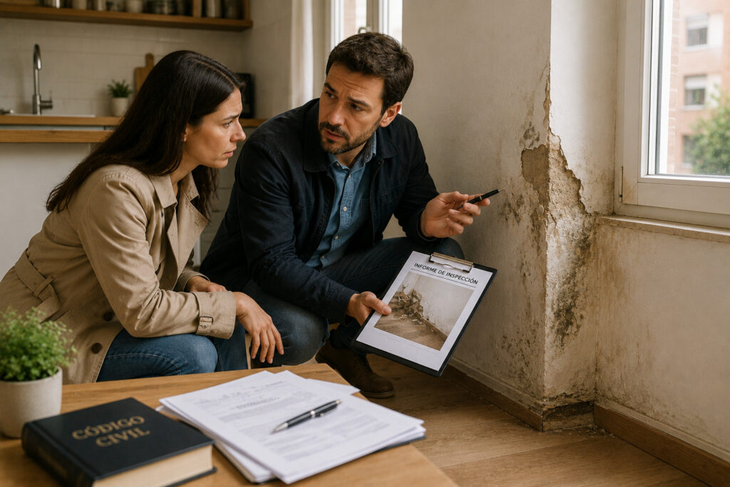 Comprador descubriendo defectos ocultos en una vivienda después de la compra