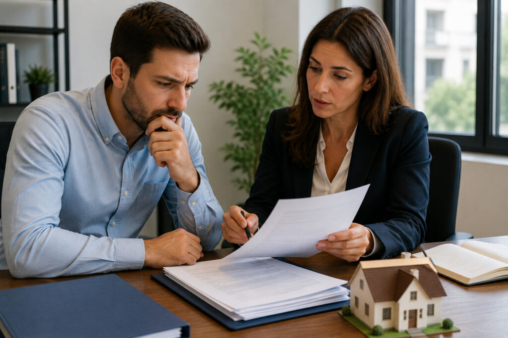Comprador y abogado revisando la documentación registral de una vivienda antes de la compraventa