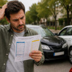 Dos conductores rellenando un parte amistoso tras un accidente de tráfico con la asistencia de un abogado