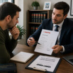 Cliente revisando junto a un abogado una oferta motivada enviada por una aseguradora tras un accidente de tráfico