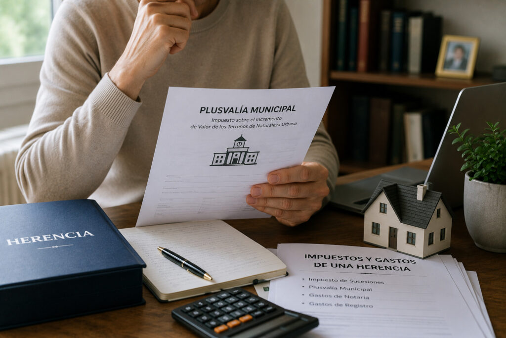 Herederos reunidos con un abogado revisando los impuestos derivados de una vivienda heredada