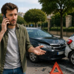 Conductor recibiendo asistencia tras un accidente de tráfico mientras documenta el siniestro