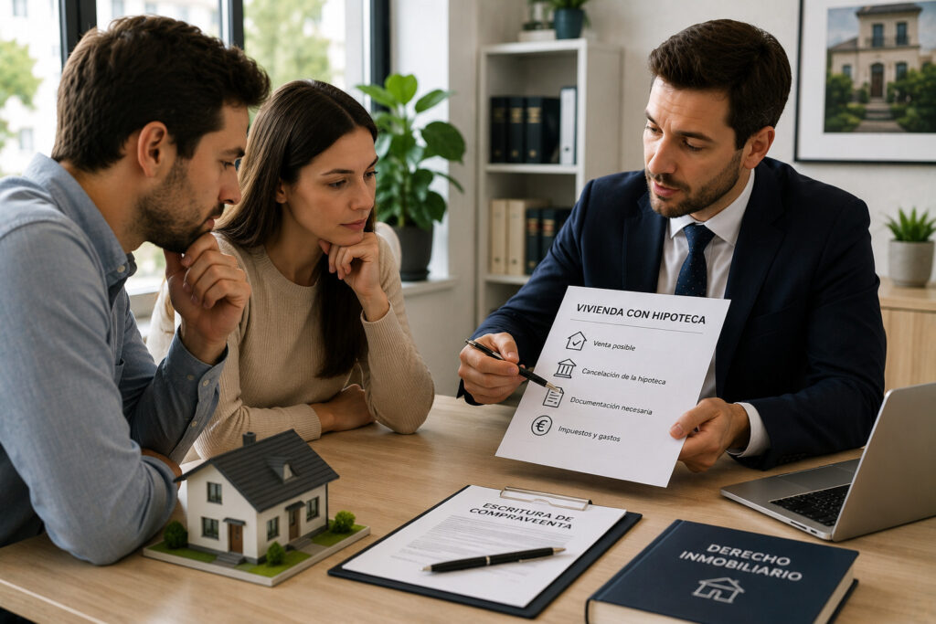 Propietario y abogado revisando la venta de una vivienda con hipoteca pendiente
