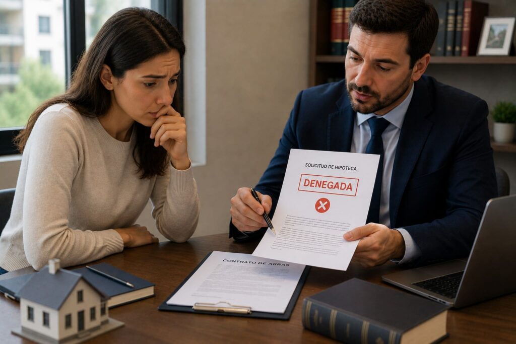 Comprador y abogado revisando un contrato de arras tras la denegación de la hipoteca