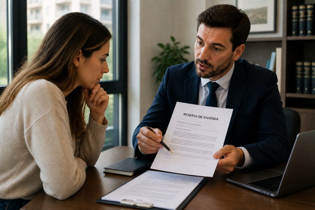 Comprador revisando con un abogado un contrato de reserva de vivienda y la señal entregada.
