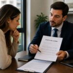 Comprador revisando con un abogado un contrato de reserva de vivienda y la señal entregada.