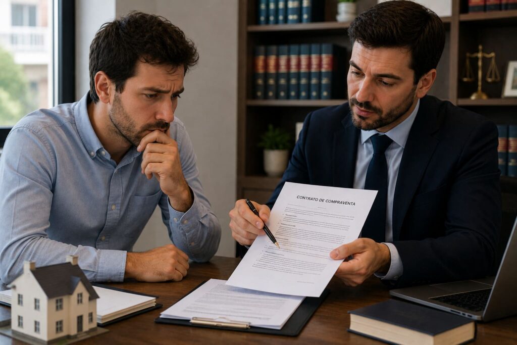 Comprador y abogado revisando un contrato de compraventa tras la negativa del vendedor a firmar la escritura