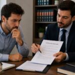 Comprador y abogado revisando un contrato de compraventa tras la negativa del vendedor a firmar la escritura