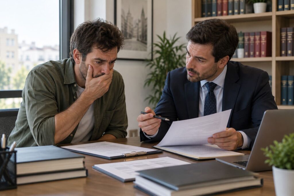 Heredero consultando a un abogado para impugnar una desheredación