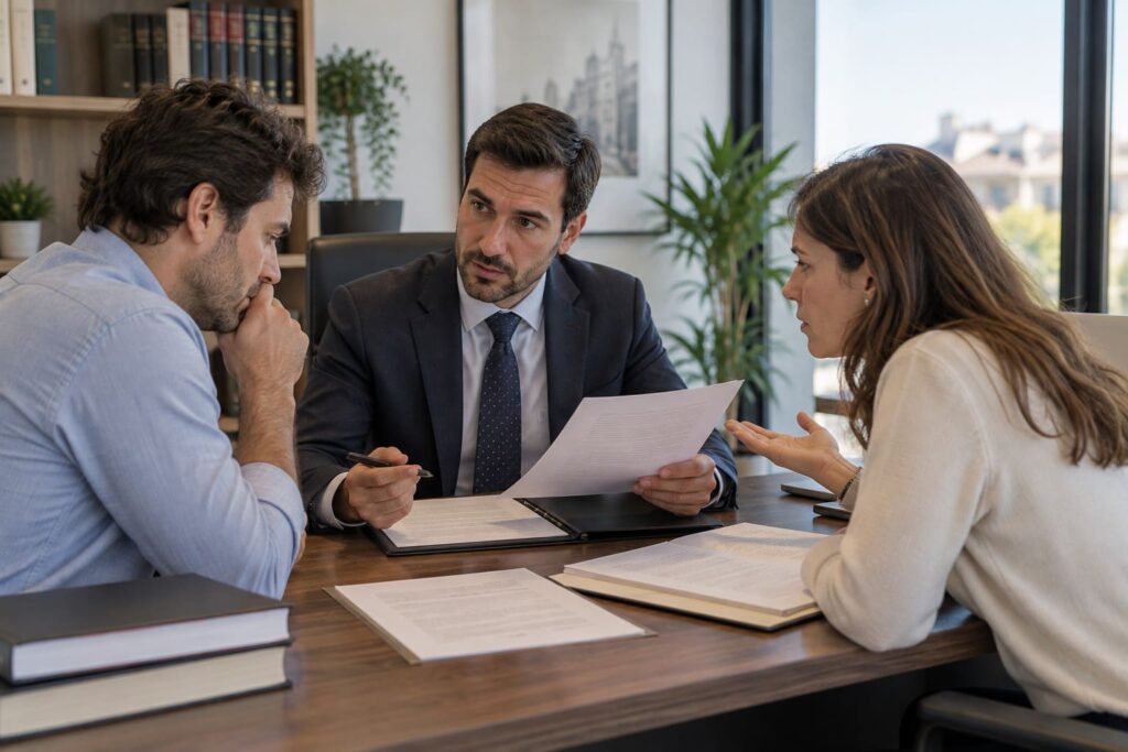 Herederos consultando a un abogado para impugnar un testamento